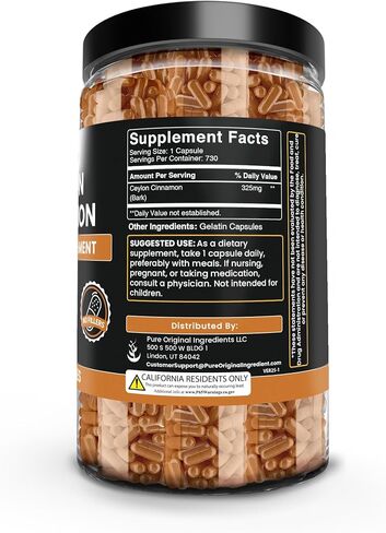 PURE ORIGINAL INGREDIENTS Ceylon Cinnamon (730 Capsules) No Magnesium or Rice Fillers, Always Pure, Lab Verified in Saudi Arabia