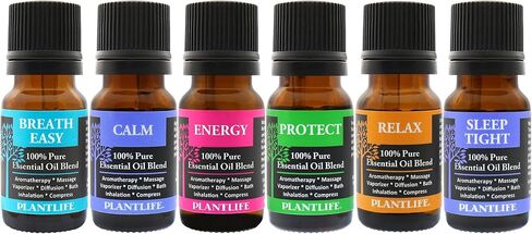 Plantlife Top Blends 6-Pack (Breathe Easy, Calm, Energy, Protect, Relax, and Sleep Tight) Aromatherapy Essential Oil Set - No Additives or Fillers - Made in California 10 ml in Kuwait