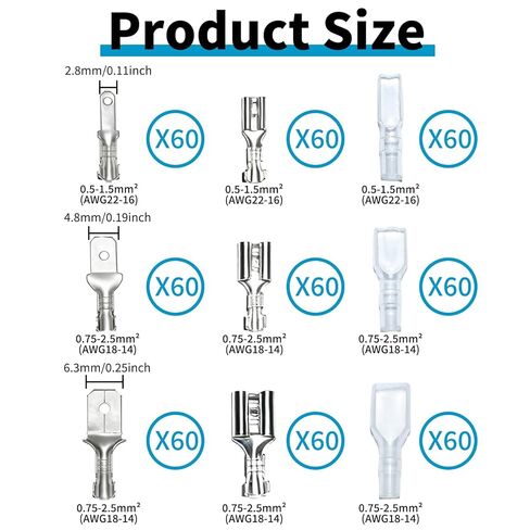 360 قطعة 2.8 مم 4.8 مم 6.3 مم مجموعة موصلات بأسمائها الحقيقية للذكور والإناث مع أكمام عازلة، موصلات كهربائية لأطراف تجعيد، أطراف كهربائية للأسلاك الكهربائية in Kuwait