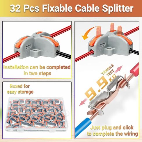 32 قطعة من موصلات أسلاك الرافعة، موصل موصل سلكي صغير الحجم على شكل حرف T، موصلات كهربائية مقسمة سريعة 3 اتجاهات، AWG 28-12، برتقالي in Kuwait