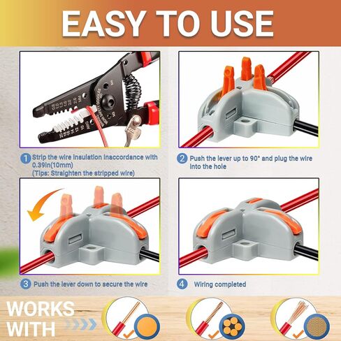 32 قطعة من موصلات أسلاك الرافعة، موصل موصل سلكي صغير الحجم على شكل حرف T، موصلات كهربائية مقسمة سريعة 3 اتجاهات، AWG 28-12، برتقالي in Kuwait