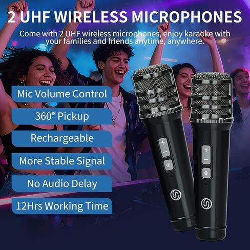 مضخم صوت قوي بقدرة 120 وات مع 2 ميكروفونات UHF، ومكبرات صوت بلوتوث مع ضبط الجهير/التردد/الصدى، ونظام سماعات PA صغير، وآلة كاريوكي للبالغين، والمعلمين، والتحدث أمام الجمهور، والأحداث in Kuwait