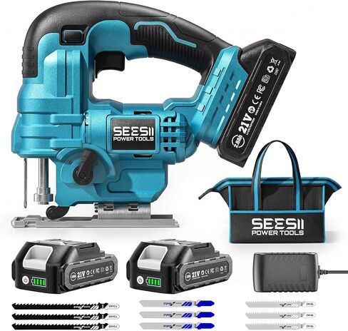 SEESII Cordless Jig Saw 21V ، أداة بانوراما كهربائية مع بطاريات 2 × 2.0AH ، وسرعة متغيرة 2800 دورة في الدقيقة لقطع الخشب ، و 0 ° -45 ° ، وضوء LED ، و 4 إعدادات مدارية لقطعة مستقيمة/منحنى/دائرة in Kuwait