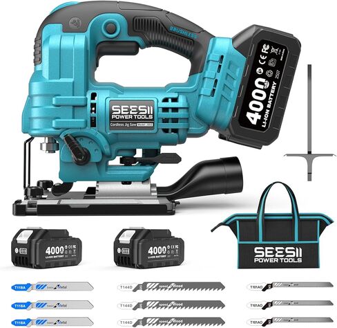 SEESII Cordless Jig Saw 21V ، أداة بانوراما كهربائية مع بطاريات 2 × 2.0AH ، وسرعة متغيرة 2800 دورة في الدقيقة لقطع الخشب ، و 0 ° -45 ° ، وضوء LED ، و 4 إعدادات مدارية لقطعة مستقيمة/منحنى/دائرة in Kuwait