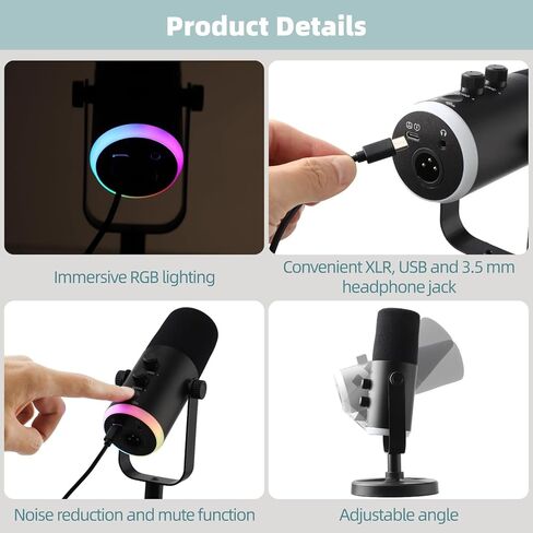 OMISTAR XLR/USB Dynamic RGB Microphone, PC Microphone with Noise Reduction, Volume Control, Mute Function, Metal Build, Easy-Mount Base for Gaming, Recording, Streaming in Saudi Arabia