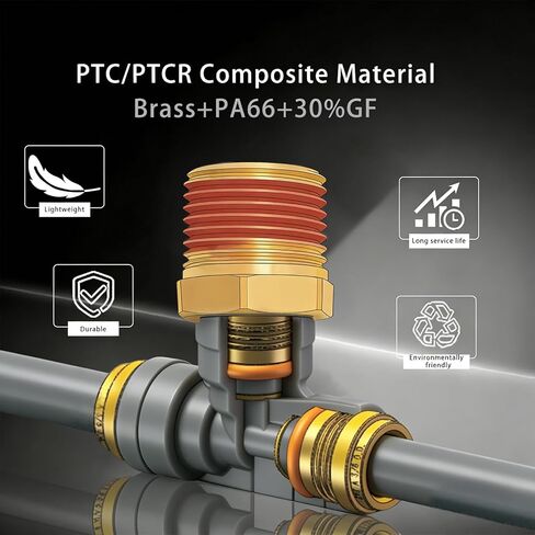 3/8 "DOT Air Brake Line Tee Fittings 2 Pack، 3/8" OD Tube x 1/4 "NPT دفع الموضوع لتوصيل تركيب خرطوم الهواء، مركب PTC/PTCR ومركب اتحاد النحاس لنظام التعليق الهوائي لمقطورة الشاحنة in Kuwait