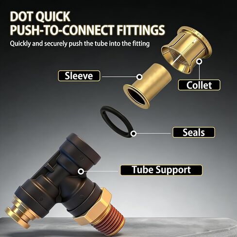 3/8 "DOT Air Brake Line Tee Fittings 2 Pack، 3/8" OD Tube x 1/4 "NPT دفع الموضوع لتوصيل تركيب خرطوم الهواء، مركب PTC/PTCR ومركب اتحاد النحاس لنظام التعليق الهوائي لمقطورة الشاحنة in Kuwait