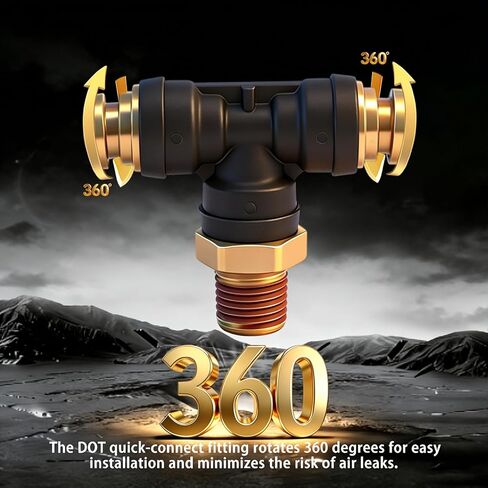 3/8 "DOT Air Brake Line Tee Fittings 2 Pack، 3/8" OD Tube x 1/4 "NPT دفع الموضوع لتوصيل تركيب خرطوم الهواء، مركب PTC/PTCR ومركب اتحاد النحاس لنظام التعليق الهوائي لمقطورة الشاحنة in Kuwait