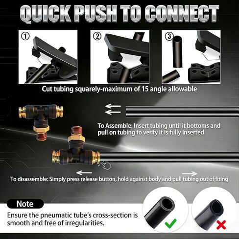 3/8 "DOT Air Brake Line Tee Fittings 2 Pack، 3/8" OD Tube x 1/4 "NPT دفع الموضوع لتوصيل تركيب خرطوم الهواء، مركب PTC/PTCR ومركب اتحاد النحاس لنظام التعليق الهوائي لمقطورة الشاحنة in Kuwait