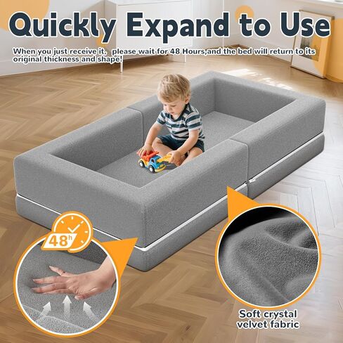 Portable Toddler Travel Bed: Foldable & Soft - 3-in-1 Convertible Portable Folding Floor Bed with Washable Cloth Cover - Ideal for Vacation,Camping and Sleepover（Grey） in Kuwait