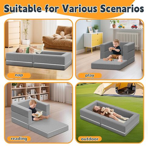 Portable Toddler Travel Bed: Foldable & Soft - 3-in-1 Convertible Portable Folding Floor Bed with Washable Cloth Cover - Ideal for Vacation,Camping and Sleepover（Grey） in Kuwait