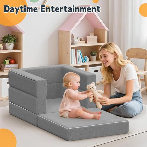 Portable Toddler Travel Bed: Foldable & Soft - 3-in-1 Convertible Portable Folding Floor Bed with Washable Cloth Cover - Ideal for Vacation,Camping and Sleepover（Grey） in Kuwait