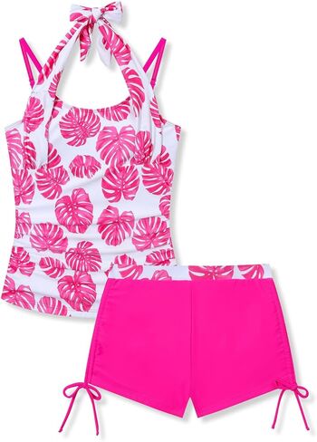 حجم 11-18 سنة في سن المراهقة الفتيات ملابس السباحة 2 قطعة هالترنيك مطبوعة تانكيني ملابس السباحة الرباط سروال سباحة قصير in Kuwait