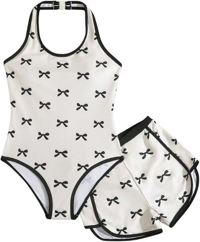 طقم ملابس سباحة للفتيات برقبة رسن 9-16 سنة، قطعتين بدلة استحمام بطباعة قلب الفهد مع شورت، ملابس سباحة للشاطئ للفتيات المراهقات in Kuwait