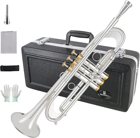 ROWELL Bb Trumpet Professional Trumpet Brass Instruments Standard Trumpets Set with Professional Trumpets Box,Original 7C trumpet Mouthpiece, Cloth and Gloves (Silver) in Saudi Arabia