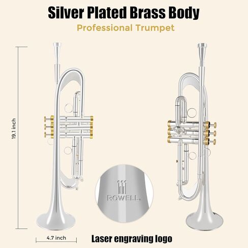 ROWELL Bb Trumpet Professional Trumpet Brass Instruments Standard Trumpets Set with Professional Trumpets Box,Original 7C trumpet Mouthpiece, Cloth and Gloves (Silver) in Saudi Arabia