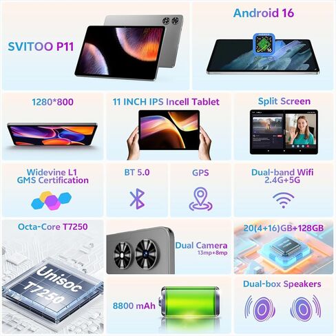 Android Tablet ، 11 بوصة Android 15 Tablet 2025 ، Octa -Core ، 12 جيجابايت ذاكرة الوصول العشوائي 128 جيجابايت تخزين 1 تيرابايت قابلة للتوسيع ، 13 ميجابكسل كاميرات مزدوجة 5 ميجابكسل ، 8000 مللي أمبير ، GPS ، مكبرات صوت مزدوجة ، فتح الوجه ، واي فاي 5 BT5.0  in Kuwait