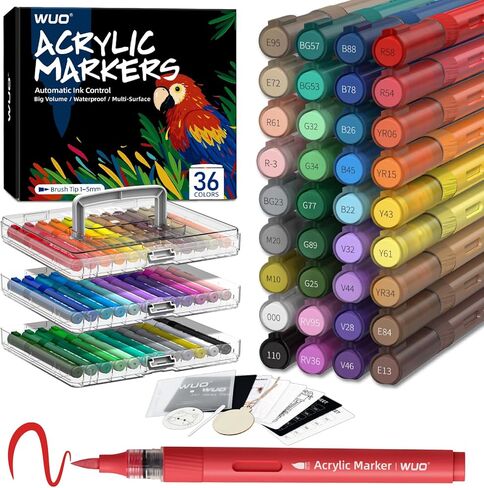 WUO 36 Colors Acrylic Paint Markers (2 Metallic), Automatic Ink Control Brush Tip for Multi-Surface Acrylic Paint Pens for Rock Painting, Wood, Canvas, Glass, DIY Art in Kuwait