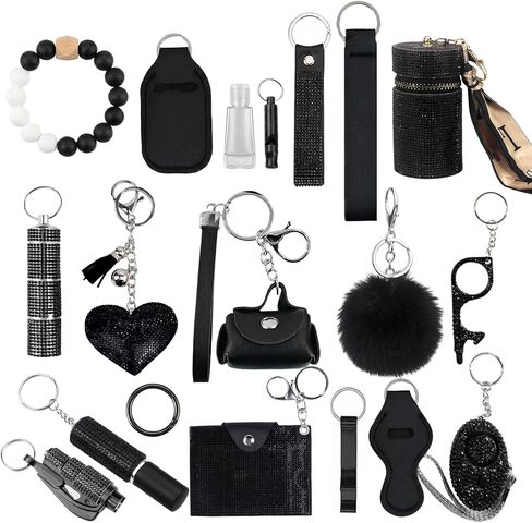 Shiny Safety Keychain Set with Personal Alarm, 19 Pcs Keychain Accessories Kit with Whistle Pompom, Gift Set for Women in Kuwait