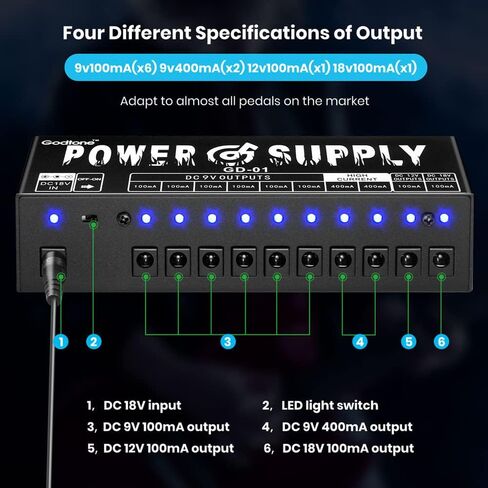 Guitar Pedal Power Supply (GD-01) Pedal Board Power Supply with DC 18V Pedal Power Adapter & 9V 100mA 400mA Isolated DC 10 Outputs for 9V 12V 18V Effect Pedals in Kuwait