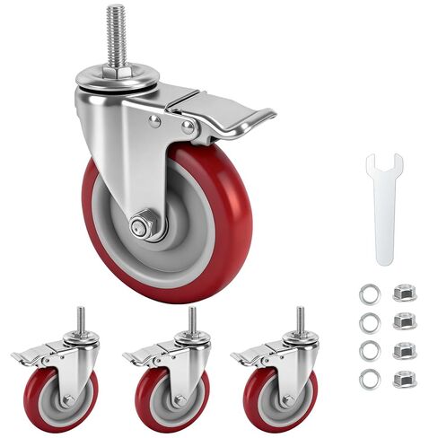 عجلات العجلات، عجلة دوارة بقفل 5 بوصة، 1/2 بوصة - 13 × 1 (قطر المسمار 1/2 بوصة، طول المسمار 1.5 بوصة) مجموعة عجلات جذعية ملولبة مكونة من 4 عجلات صناعية شديدة التحمل للعربة والأثاث ومنضدة العمل in Kuwait