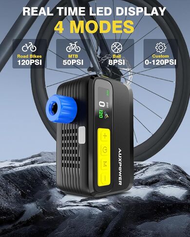 Auxpower New Electric Bike Pump-Mini Portable Bike Tire Pump with Gauge, 120PSI Portable Bicycle Pump Fast Inflation, High-Performance Air Pump for Bike Tires and Balls (Presta & Schrader) in Kuwait