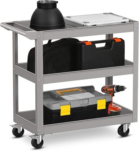 IRONMAX 3-Tier Utility Service Cart, 400 Lbs Heavy Duty Metal Rolling Trolley w/Ergonomic Flat Handle, Lockable 360° Swivel Wheels, Chic Mechanic Tool Cart for Garage Warehouse & Repair Shop in Saudi Arabia