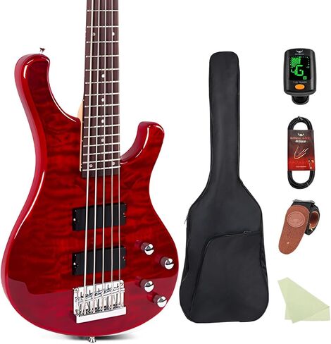 Electric Bass Guitar 5 Strings Full-Size Standard Electric Bass Beginner Kit with Gig Bag Guitar Strap and Guitar Cable Picks Included, DB120 (RED) in Saudi Arabia