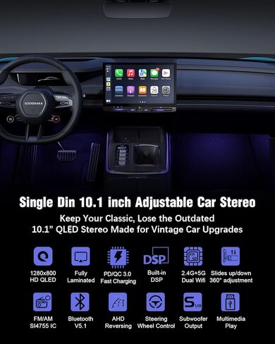 【SOOEMAKA】 Radio Single Din Touchscreen مع Apple Carplay و Android Auto ، ستيريو سيارة Qled 10 بوصة مع شحن سريع (QC/PD 3.0) ، عكس AHD ، DSP ، Siri و Android Voice Control ، SWC ، EQ in Kuwait