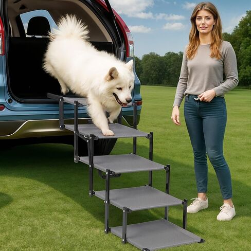 Dog Stairs for Trucks & SUVs – Foldable, Portable Pet Ramp for Large Dogs, Non-Slip Steps Supports Up to 250 lbs in Saudi Arabia
