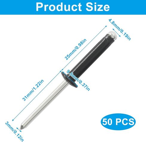 مسامير من الألومنيوم ذات رأس كبير ثلاثي الطي مقاس 3/16 بوصة × 4/5 بوصة، برشام أسود متفجر من الألومنيوم الصلب ثلاثي القبضة لقوارب الكاياك والقوارب البحرية وإصلاح السيارات (50 قطعة) in Kuwait