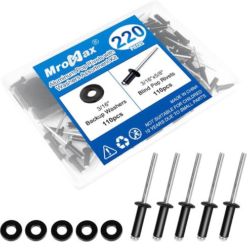 200Pcs 3/16" x 3/8" Black Pop Rivets with Washer Assortment Kit, 4.8 x 10mm Aluminum Blind Rivets, Stainless Steel Washers, Aluminum Grip and Steel Mandrel, for Metal/Automotive/Furniture/Instruments in Saudi Arabia