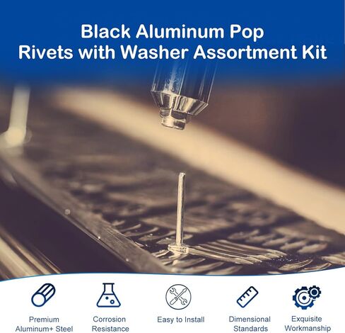 200Pcs 3/16" x 3/8" Black Pop Rivets with Washer Assortment Kit, 4.8 x 10mm Aluminum Blind Rivets, Stainless Steel Washers, Aluminum Grip and Steel Mandrel, for Metal/Automotive/Furniture/Instruments in Saudi Arabia