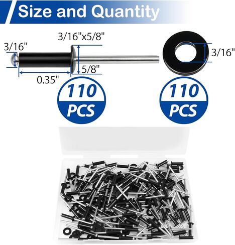 200Pcs 3/16" x 3/8" Black Pop Rivets with Washer Assortment Kit, 4.8 x 10mm Aluminum Blind Rivets, Stainless Steel Washers, Aluminum Grip and Steel Mandrel, for Metal/Automotive/Furniture/Instruments in Saudi Arabia
