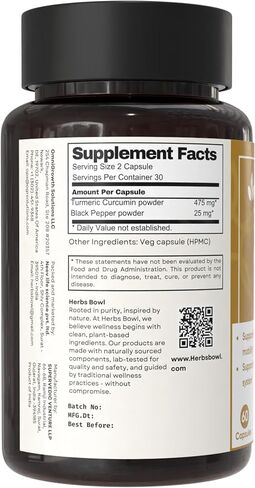 Herb's Bowl Turmeric Curcumin Capsules with Black Pepper, 1000mg per Serving, 60 Count in Saudi Arabia