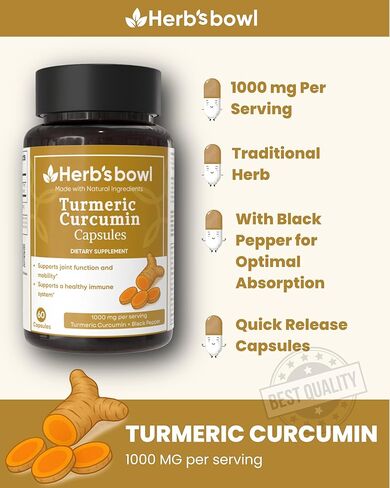 Herb's Bowl Turmeric Curcumin Capsules with Black Pepper, 1000mg per Serving, 60 Count in Saudi Arabia