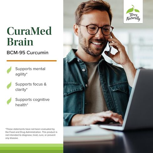 Terry Naturally CuraMed Brain - مكمل غذائي لدعم الوضوح والتركيز - مكمل لصحة الدماغ مع زيت الكركمين والكركم الأساسي للمساعدة في التركيز - 60 كبسولة هلامية (عبوتان) in Saudi Arabia