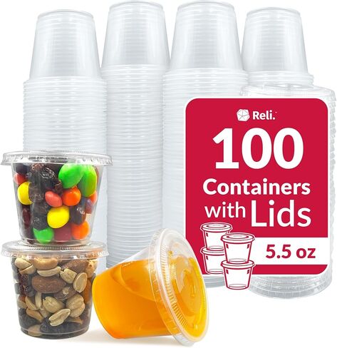 Reli. 5.5 oz Condiment Containers with Lids (100 sets) | Ideal for Sauce, Souffle, Samples, Jello Shot Cups | Disposable, BPA-Free Plastic | Small Containers 5.5oz, Bulk in Saudi Arabia