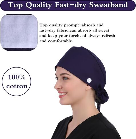 Adjustable Working Cap with Button Classic Scrub Caps for Women Scrub Caps Women Satin Lined Cotton Working Hat Sweatband with Ponytail Pocket Elastic Tie for Woman Ponytail Hair with 1pcs Keychain in Saudi Arabia