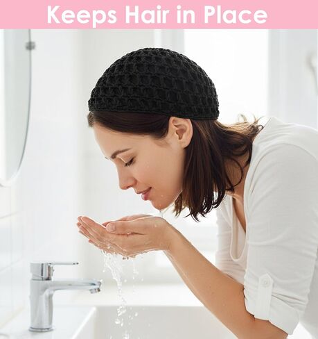 Hair Wrap Net for Silk Press, 2Pcs Comfortable Hair Wrap Cap for Sleep, Mesh Crochet Nets Reusable Elastic Cap for Sleeping Shower Makeup, Holds in Place All Night, Black in Kuwait
