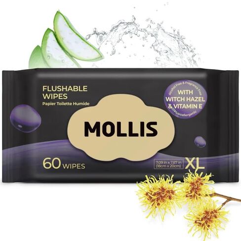 MOLLIS Witch Hazel Flushable Wipes for Adults, Extra Large Unscented Wet Wipes with Vitamin E, Gentle for Sensitive Skin, 100% Plant-Based, Sewer & Septic Safe, 60 Count in Kuwait