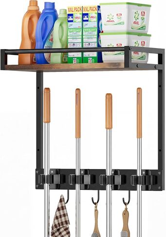 Broom Holder Wall Mount with Shelf Load 66LBS Broom and Mop Organizer Wall Hanging Broom Hanger with 4 Mop Hanger Grippers, 3 Hooks for Laundry Room, Garage, Utility Closet, Kitchen, 1 Pack in Saudi Arabia