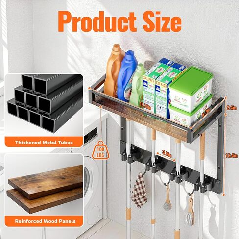 Broom Holder Wall Mount with Shelf Load 66LBS Broom and Mop Organizer Wall Hanging Broom Hanger with 4 Mop Hanger Grippers, 3 Hooks for Laundry Room, Garage, Utility Closet, Kitchen, 1 Pack in Saudi Arabia