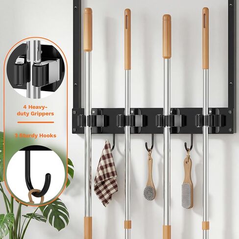 Broom Holder Wall Mount with Shelf Load 66LBS Broom and Mop Organizer Wall Hanging Broom Hanger with 4 Mop Hanger Grippers, 3 Hooks for Laundry Room, Garage, Utility Closet, Kitchen, 1 Pack in Saudi Arabia