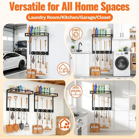 Broom Holder Wall Mount with Shelf Load 66LBS Broom and Mop Organizer Wall Hanging Broom Hanger with 4 Mop Hanger Grippers, 3 Hooks for Laundry Room, Garage, Utility Closet, Kitchen, 1 Pack in Saudi Arabia