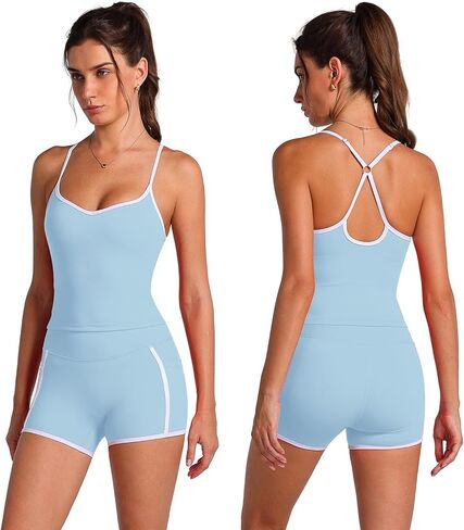 OMEWEE Women's workout sets Adjustable Spaghetti Straps Top and Collect Waist Shorts with Pockets yoga pilates outfits in Saudi Arabia