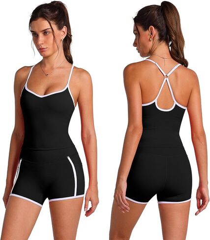 OMEWEE Women's workout sets Adjustable Spaghetti Straps Top and Collect Waist Shorts with Pockets yoga pilates outfits in Saudi Arabia