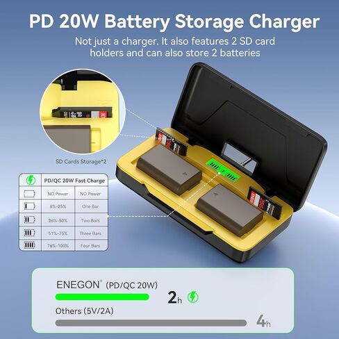 ENEGON NP-FW50 20W Dual Battery Storage and Quick Charger Set for ZV-E10, A6000, A6500, A6300, A6400, A5000, A5100, A55, A7, A7II, A7RII, A7SII, A7S, A7S2, A7R, A7R2, LCD Display in Kuwait