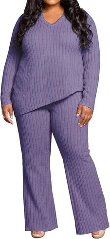 TOPSRANI Womens Plus Size Lounge V-Neck 2 Piece Outfits Sweatsuits Tracksuit Ribbed Long Sleeve Baggy Wide Leg Pant Sets in Kuwait