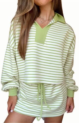 المرأة مخطط 2 قطعة تنورة مجموعات طويلة الأكمام البلوز التنانير الصغيرة تجريب مجموعة ملابس الصالة الرياضية in Kuwait